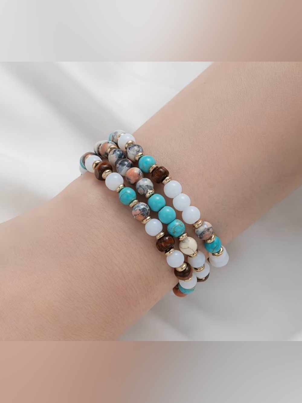 Western beaded Multicolor Stretch Bracelet Stack White, Turquoise & Brown Colors